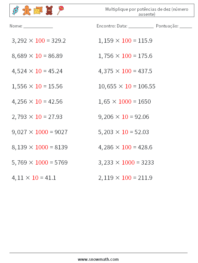 Multiplique por potências de dez (número ausente) planilhas matemáticas 11 Pergunta, Resposta