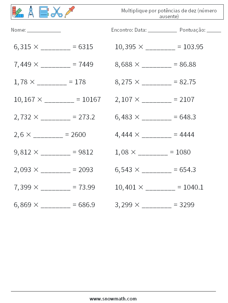 Multiplique por potências de dez (número ausente) planilhas matemáticas 12