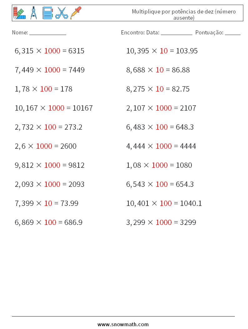 Multiplique por potências de dez (número ausente) planilhas matemáticas 12 Pergunta, Resposta