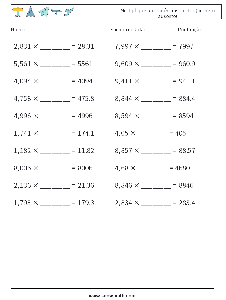 Multiplique por potências de dez (número ausente) planilhas matemáticas 13