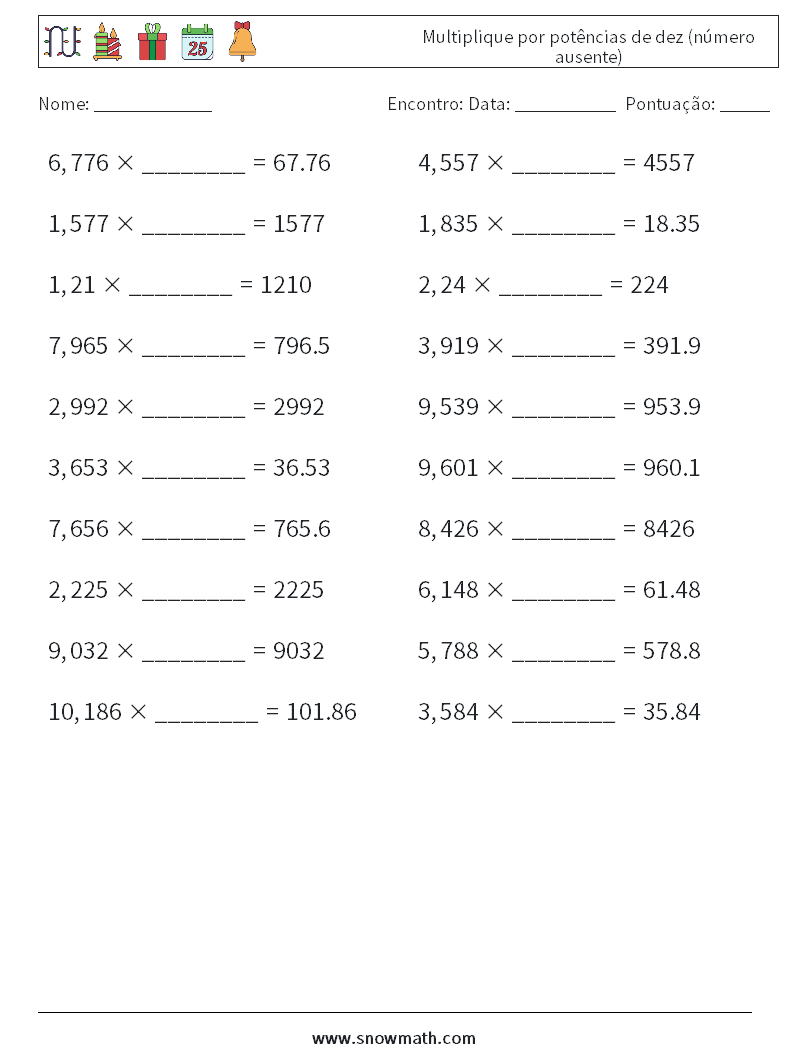 Multiplique por potências de dez (número ausente) planilhas matemáticas 14