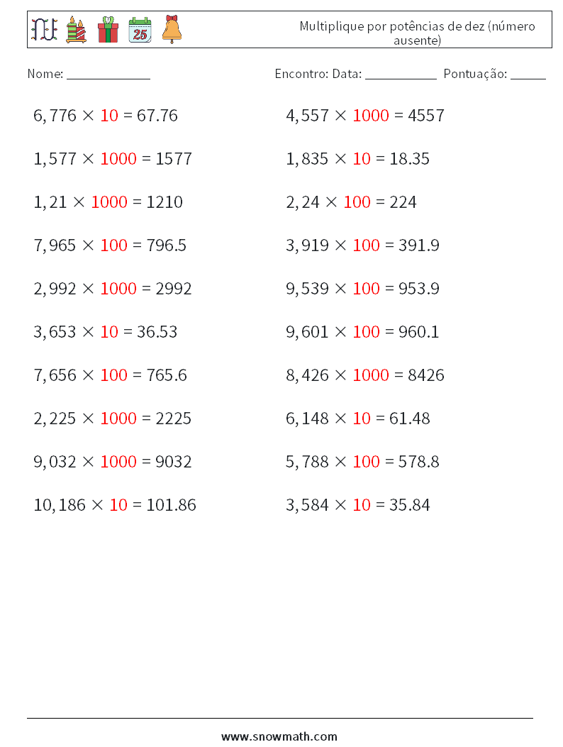Multiplique por potências de dez (número ausente) planilhas matemáticas 14 Pergunta, Resposta