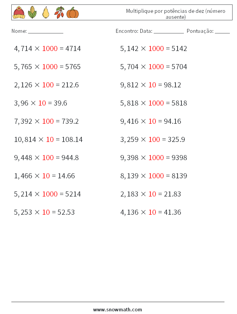 Multiplique por potências de dez (número ausente) planilhas matemáticas 15 Pergunta, Resposta