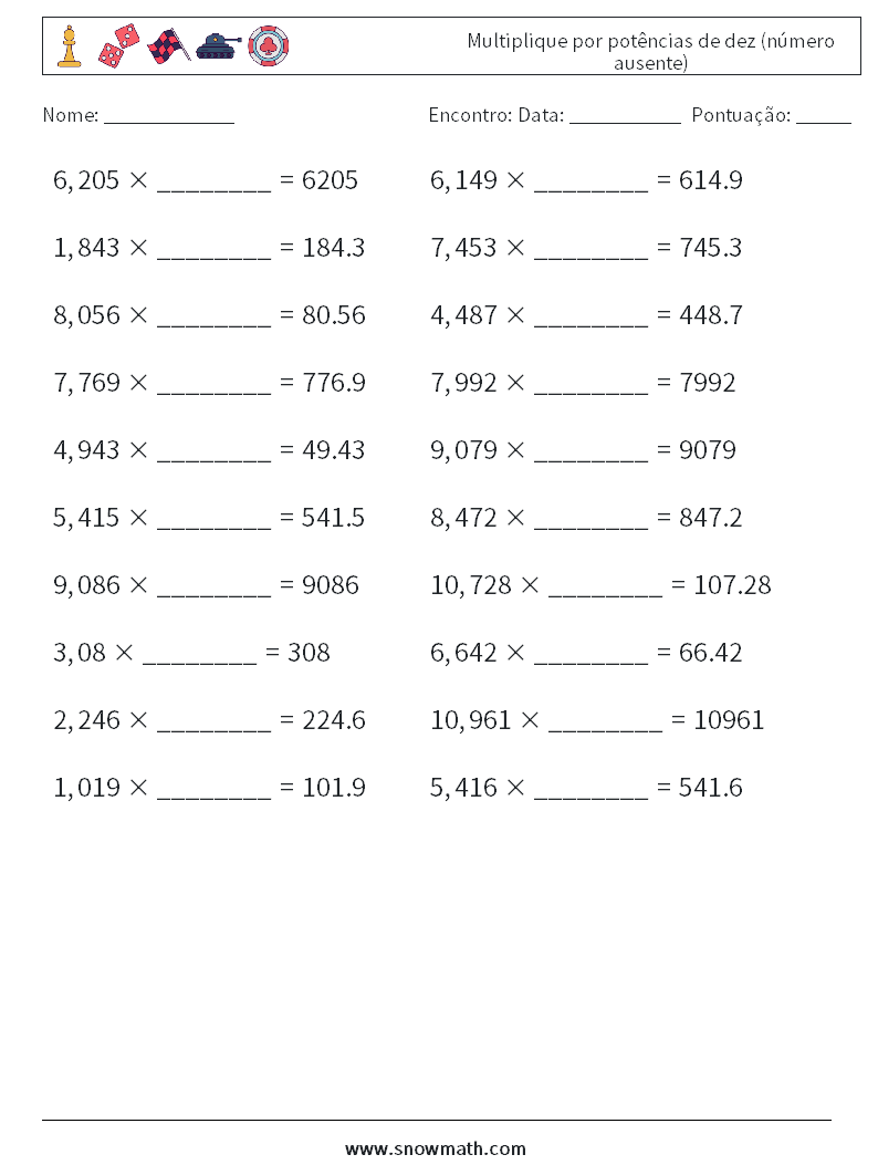 Multiplique por potências de dez (número ausente) planilhas matemáticas 16