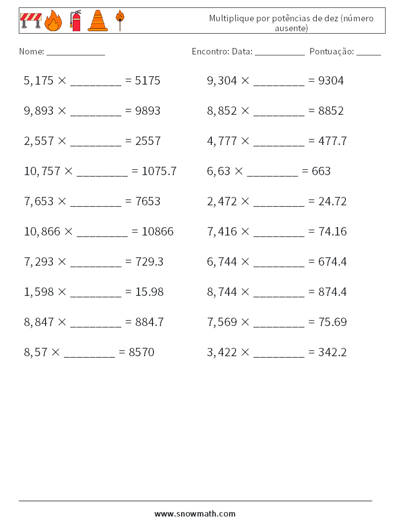 Multiplique por potências de dez (número ausente) planilhas matemáticas 17