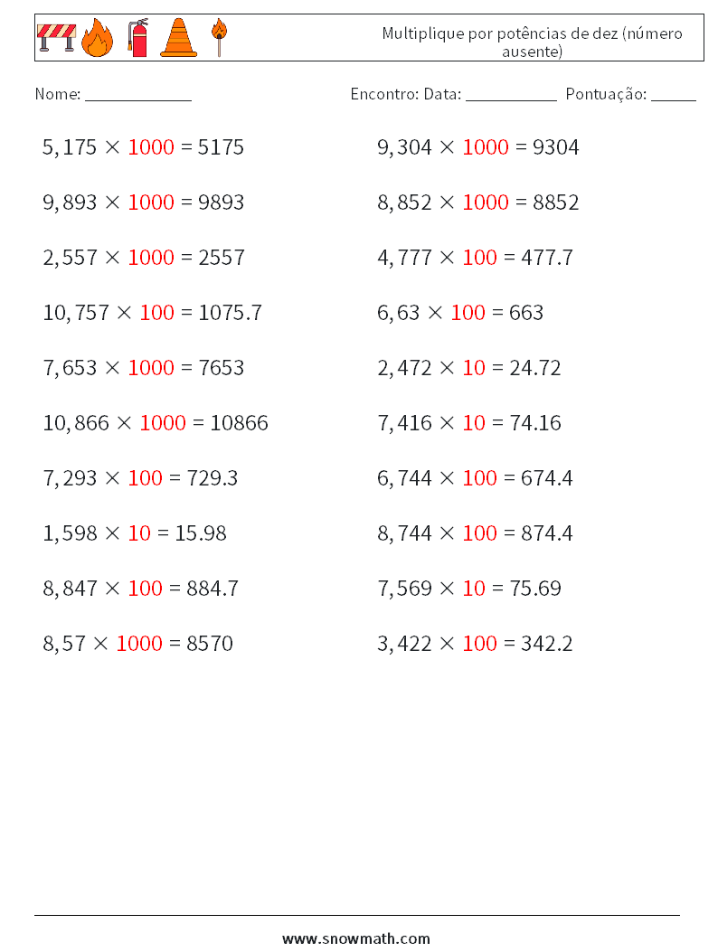 Multiplique por potências de dez (número ausente) planilhas matemáticas 17 Pergunta, Resposta