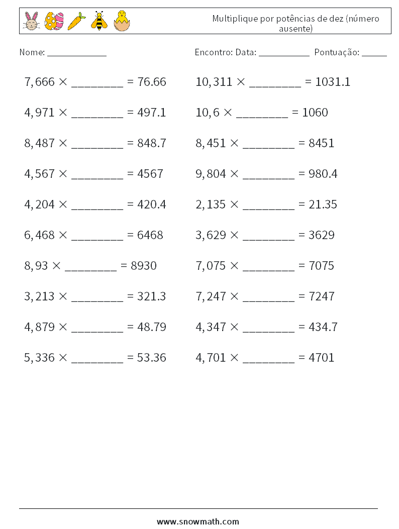 Multiplique por potências de dez (número ausente) planilhas matemáticas 18