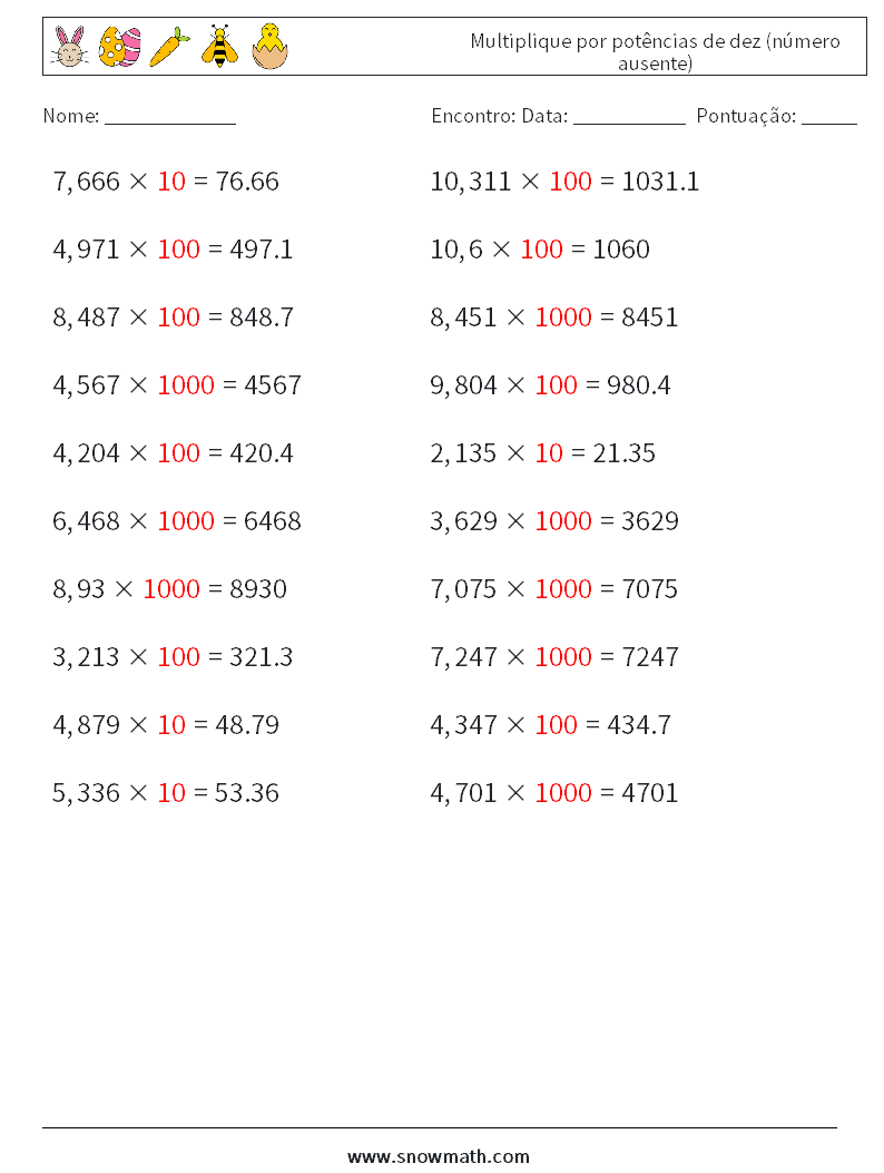 Multiplique por potências de dez (número ausente) planilhas matemáticas 18 Pergunta, Resposta