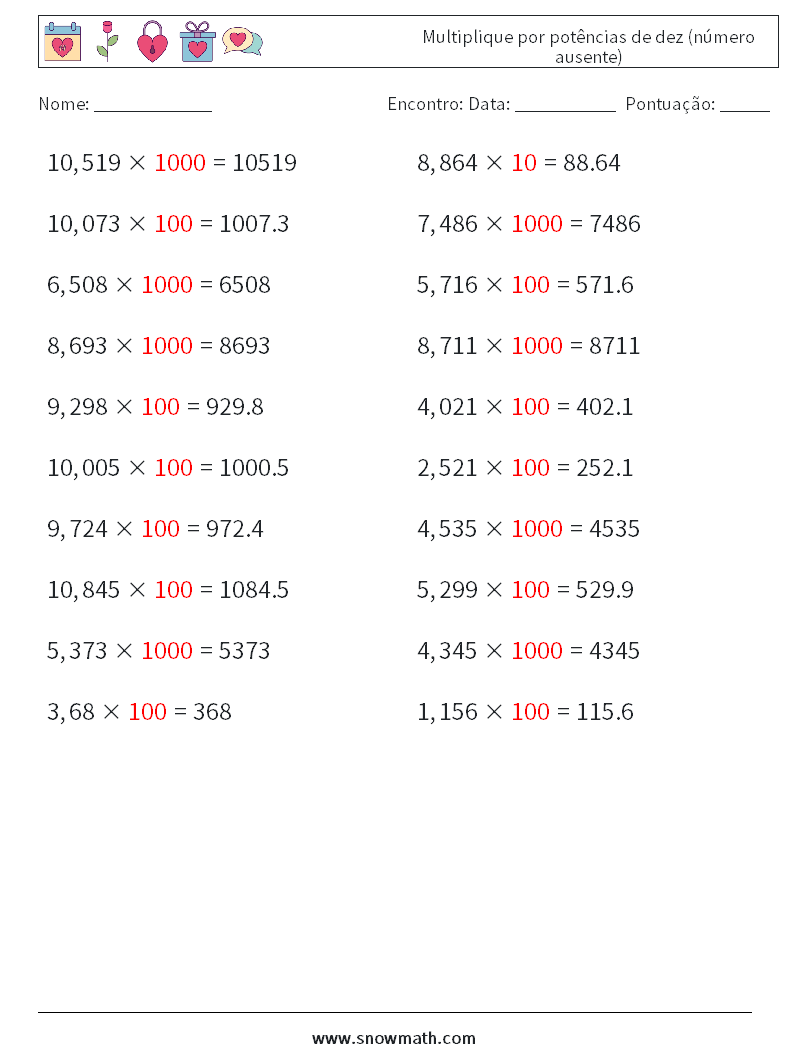 Multiplique por potências de dez (número ausente) planilhas matemáticas 1 Pergunta, Resposta