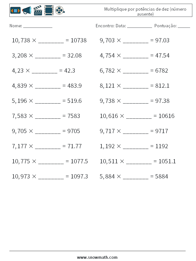 Multiplique por potências de dez (número ausente) planilhas matemáticas 2