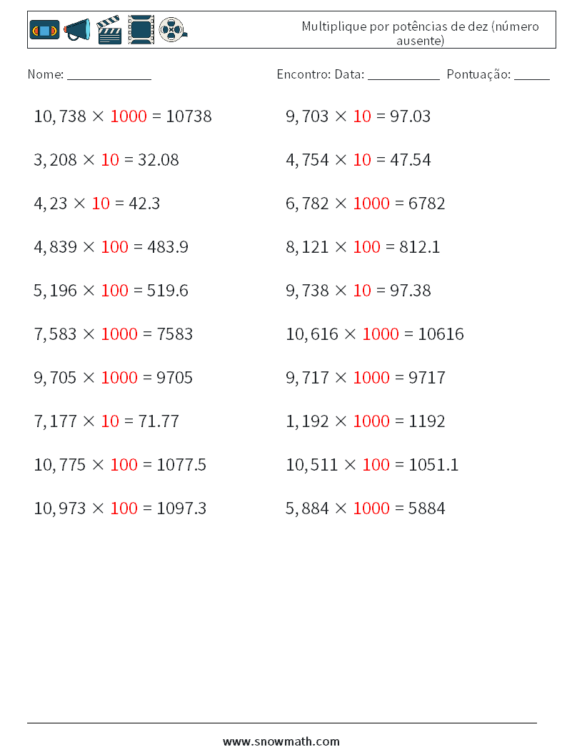 Multiplique por potências de dez (número ausente) planilhas matemáticas 2 Pergunta, Resposta