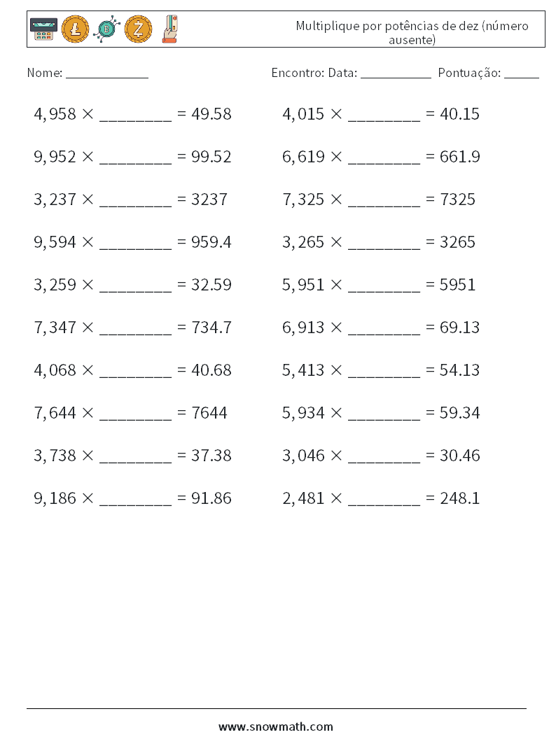 Multiplique por potências de dez (número ausente) planilhas matemáticas 3