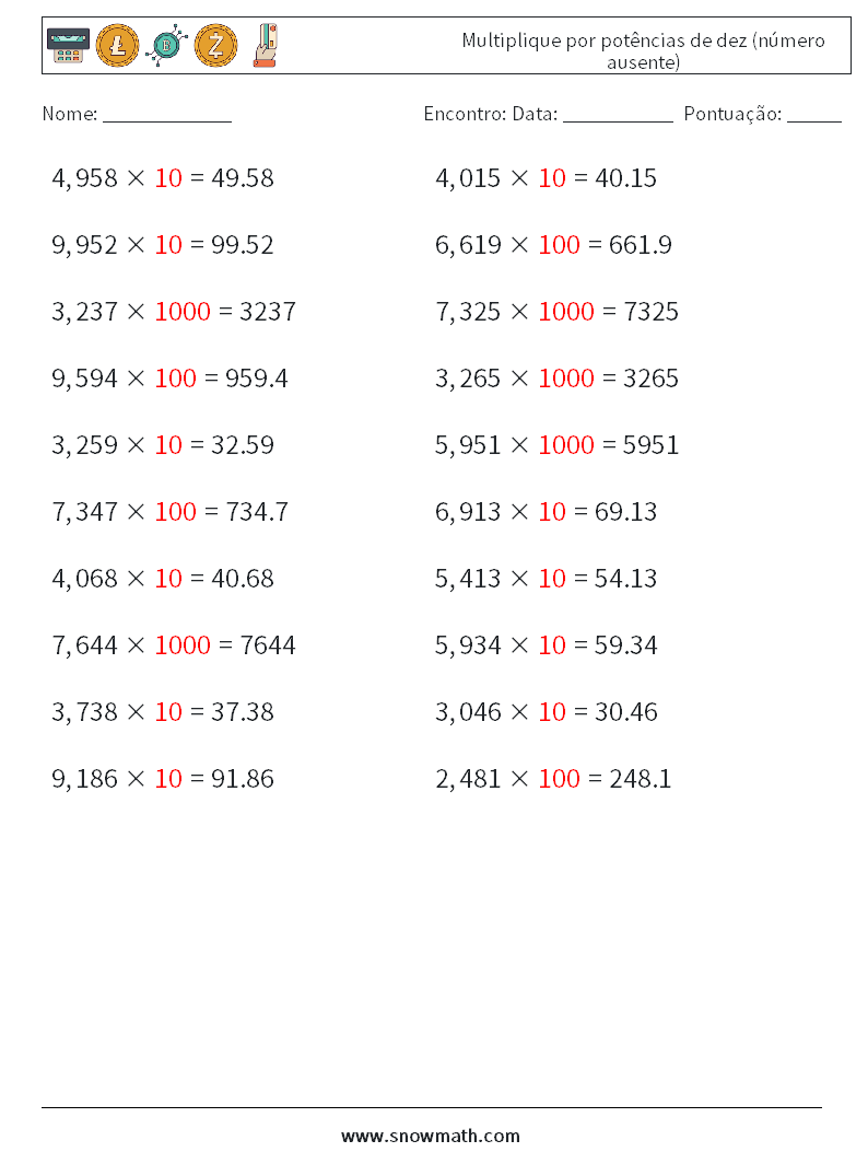 Multiplique por potências de dez (número ausente) planilhas matemáticas 3 Pergunta, Resposta