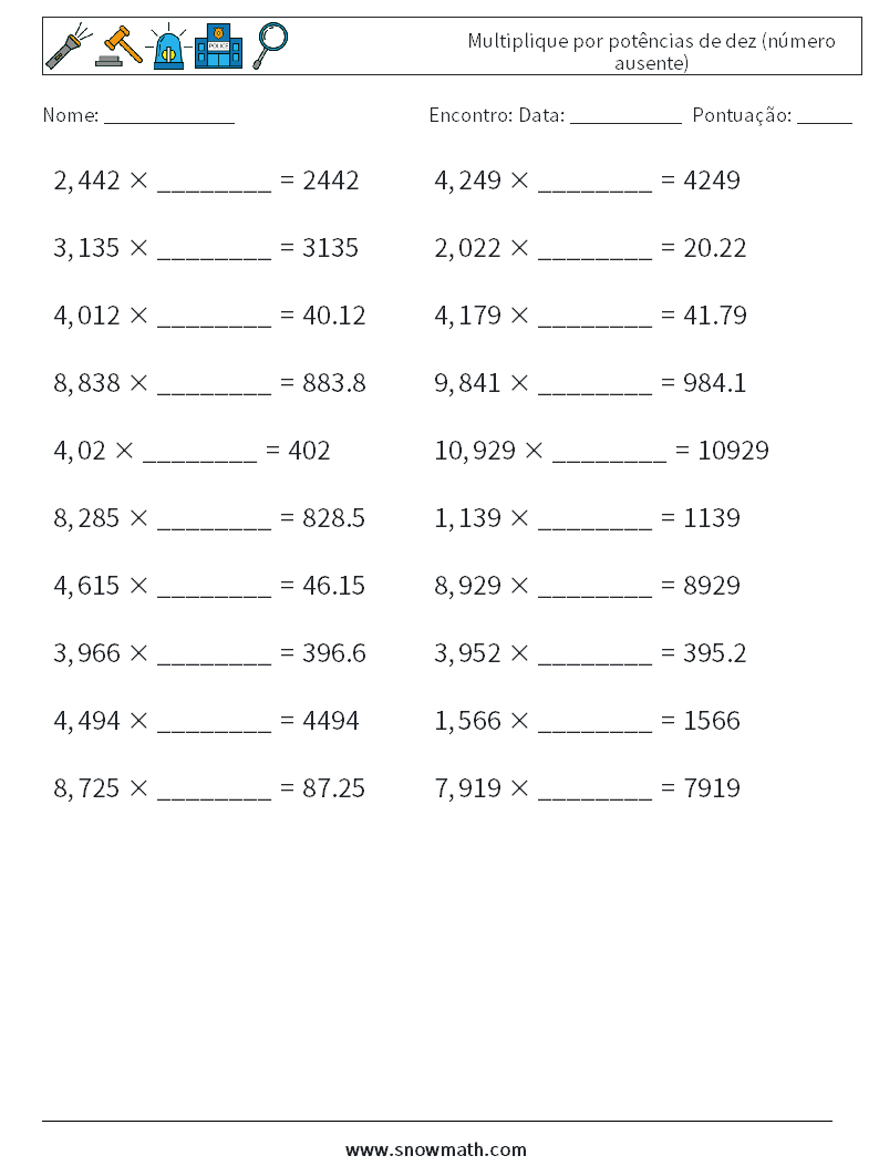 Multiplique por potências de dez (número ausente) planilhas matemáticas 4