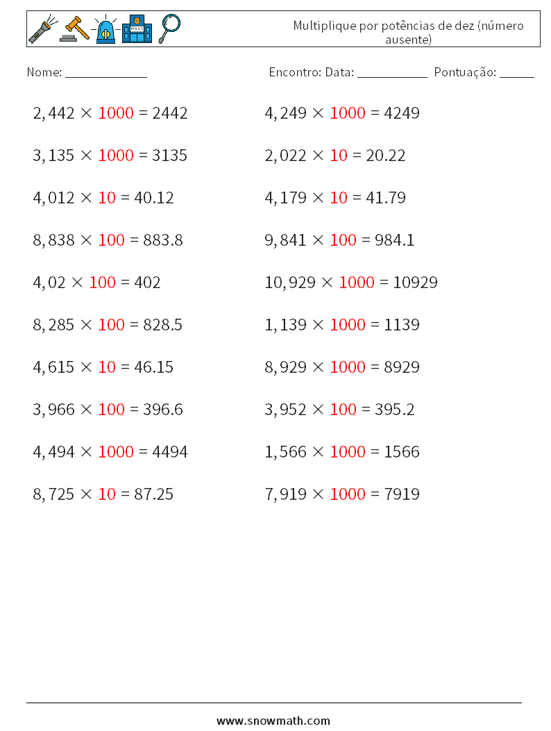 Multiplique por potências de dez (número ausente) planilhas matemáticas 4 Pergunta, Resposta