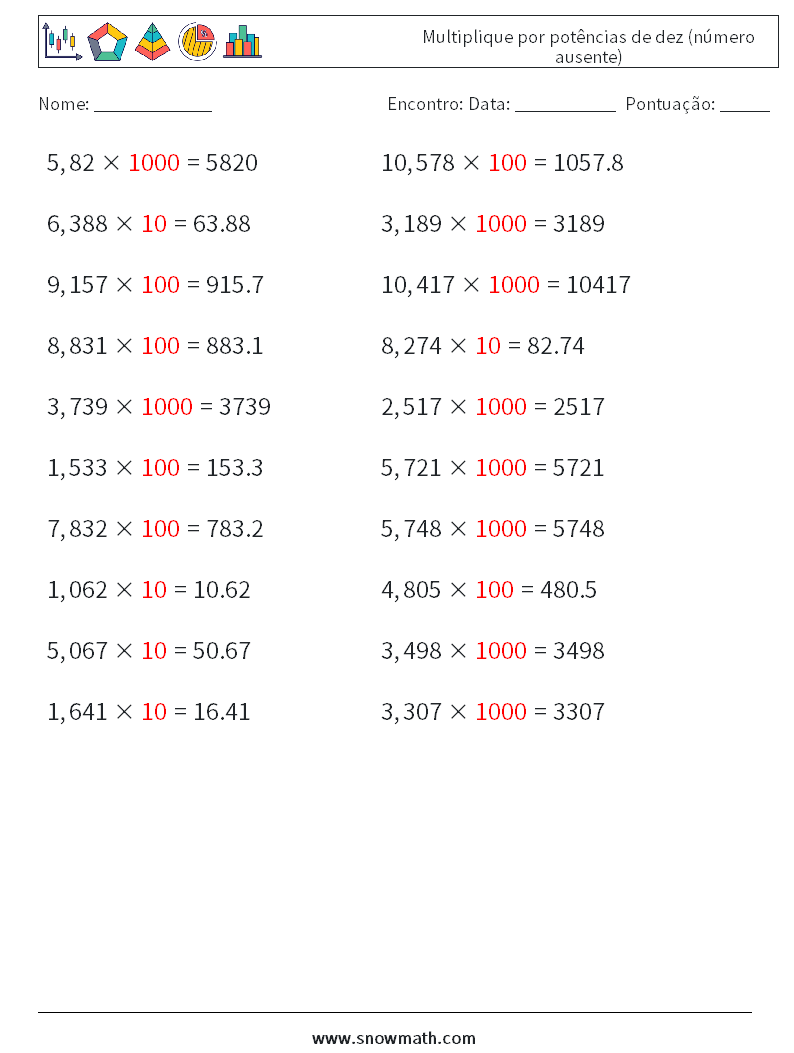 Multiplique por potências de dez (número ausente) planilhas matemáticas 5 Pergunta, Resposta