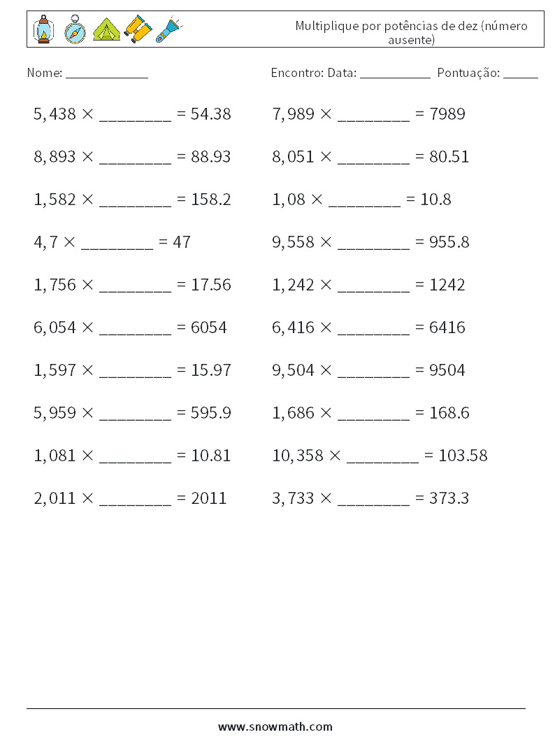 Multiplique por potências de dez (número ausente) planilhas matemáticas 6