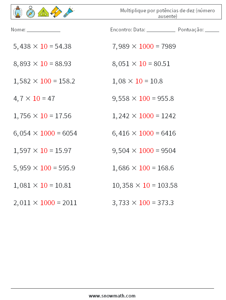 Multiplique por potências de dez (número ausente) planilhas matemáticas 6 Pergunta, Resposta