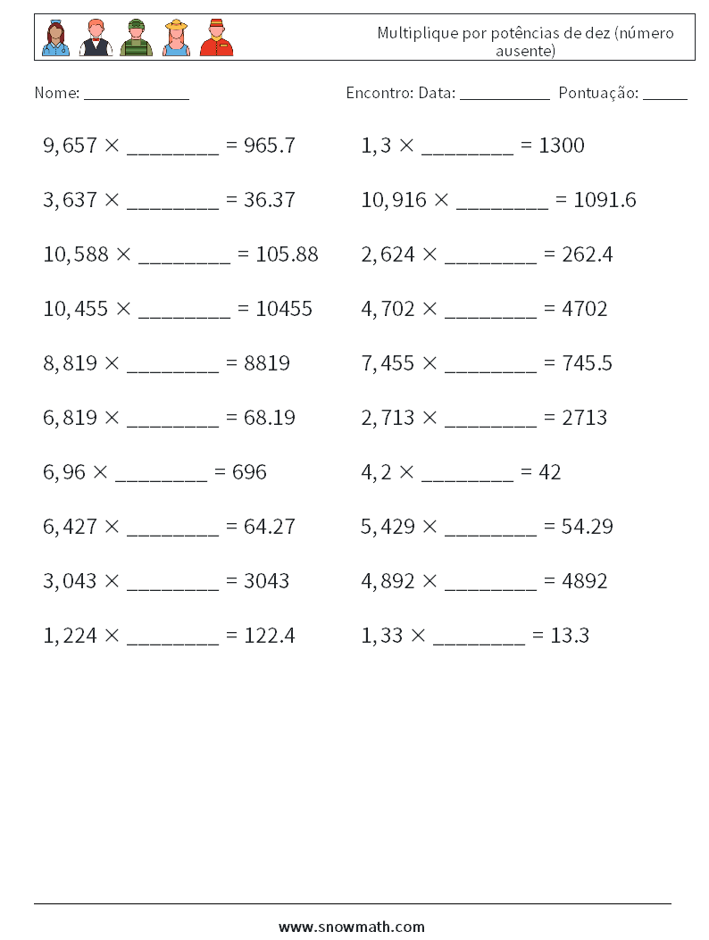 Multiplique por potências de dez (número ausente) planilhas matemáticas 7