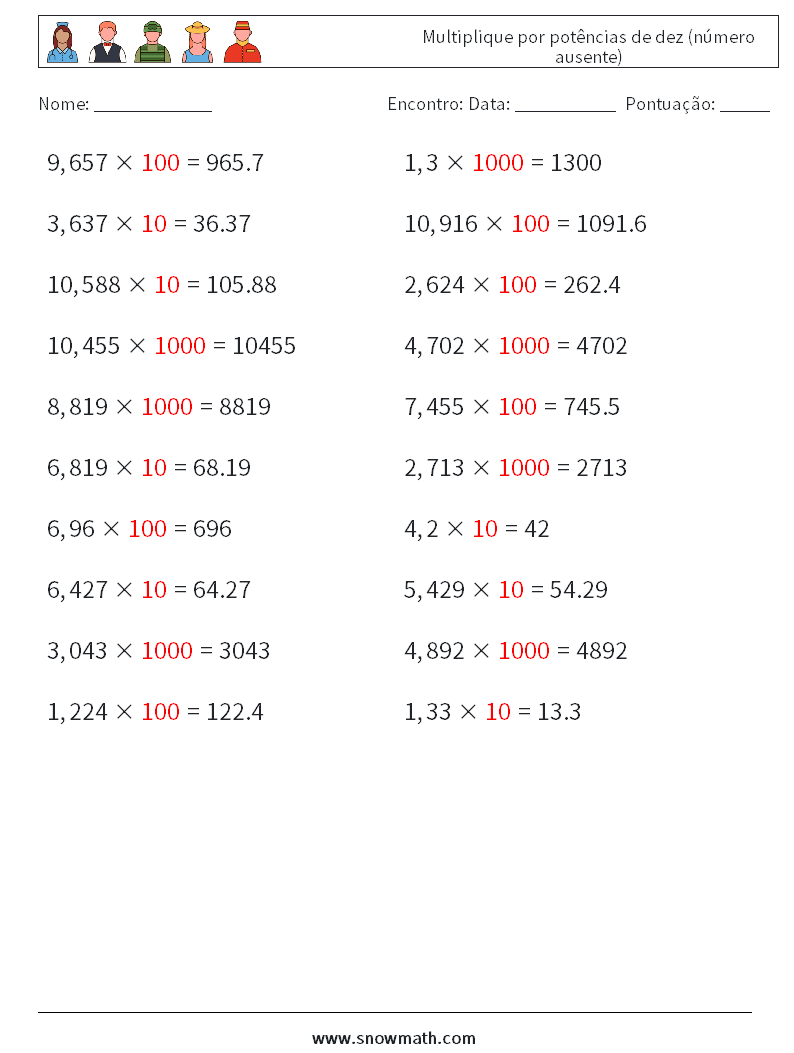 Multiplique por potências de dez (número ausente) planilhas matemáticas 7 Pergunta, Resposta