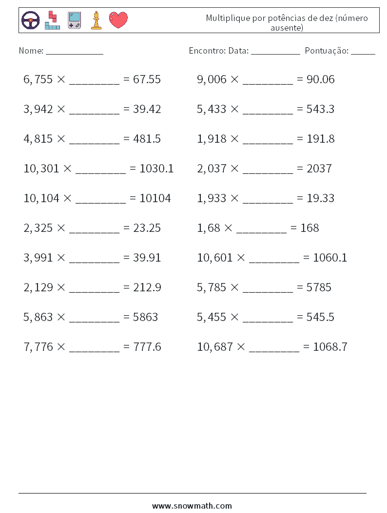 Multiplique por potências de dez (número ausente) planilhas matemáticas 9