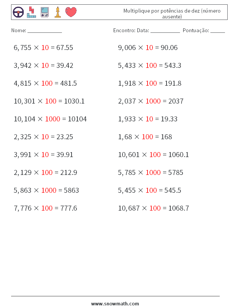 Multiplique por potências de dez (número ausente) planilhas matemáticas 9 Pergunta, Resposta