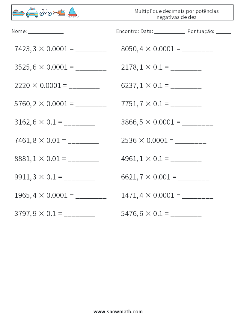 Multiplique decimais por potências negativas de dez planilhas matemáticas 1