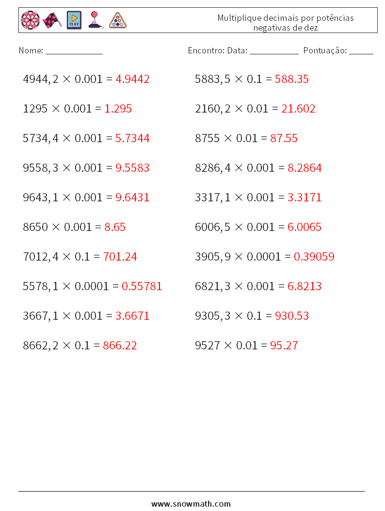 Multiplique decimais por potências negativas de dez planilhas matemáticas 10 Pergunta, Resposta