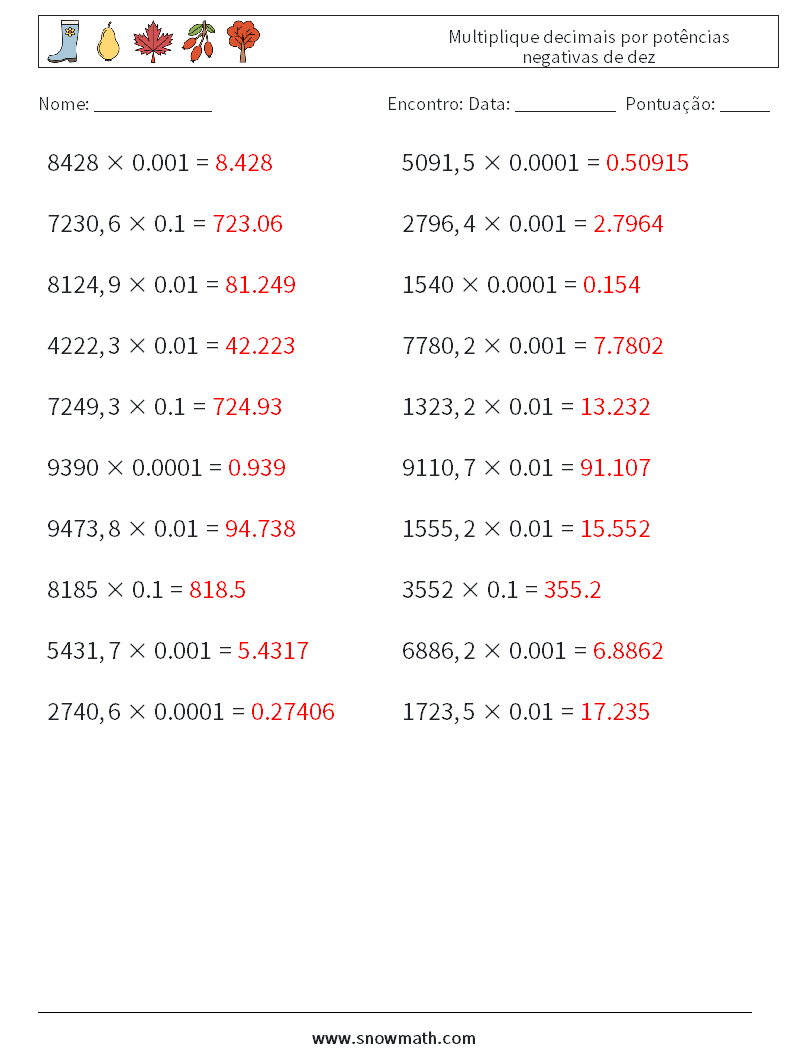 Multiplique decimais por potências negativas de dez planilhas matemáticas 12 Pergunta, Resposta