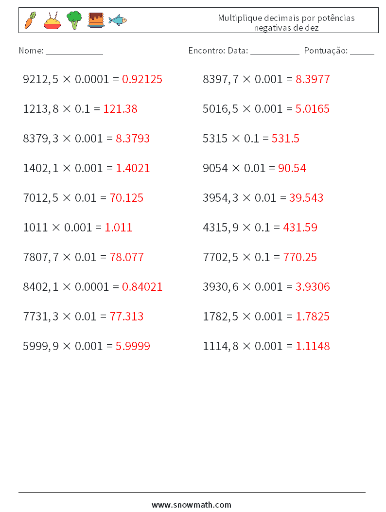 Multiplique decimais por potências negativas de dez planilhas matemáticas 14 Pergunta, Resposta