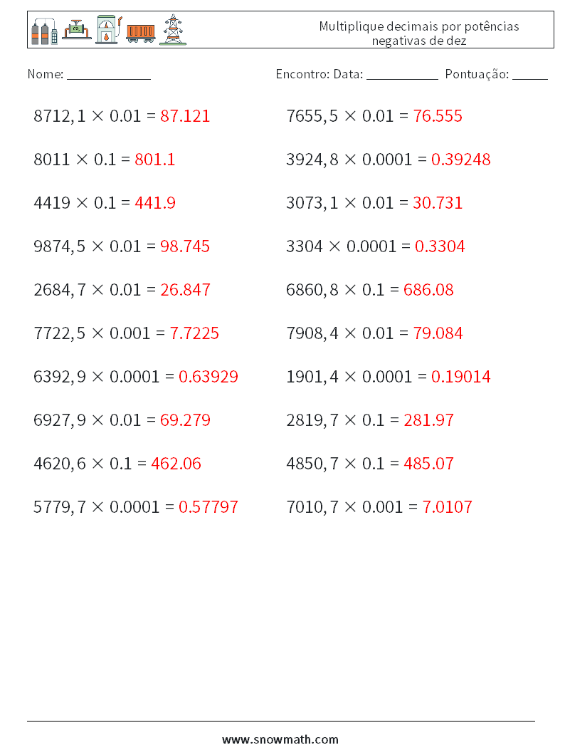 Multiplique decimais por potências negativas de dez planilhas matemáticas 15 Pergunta, Resposta