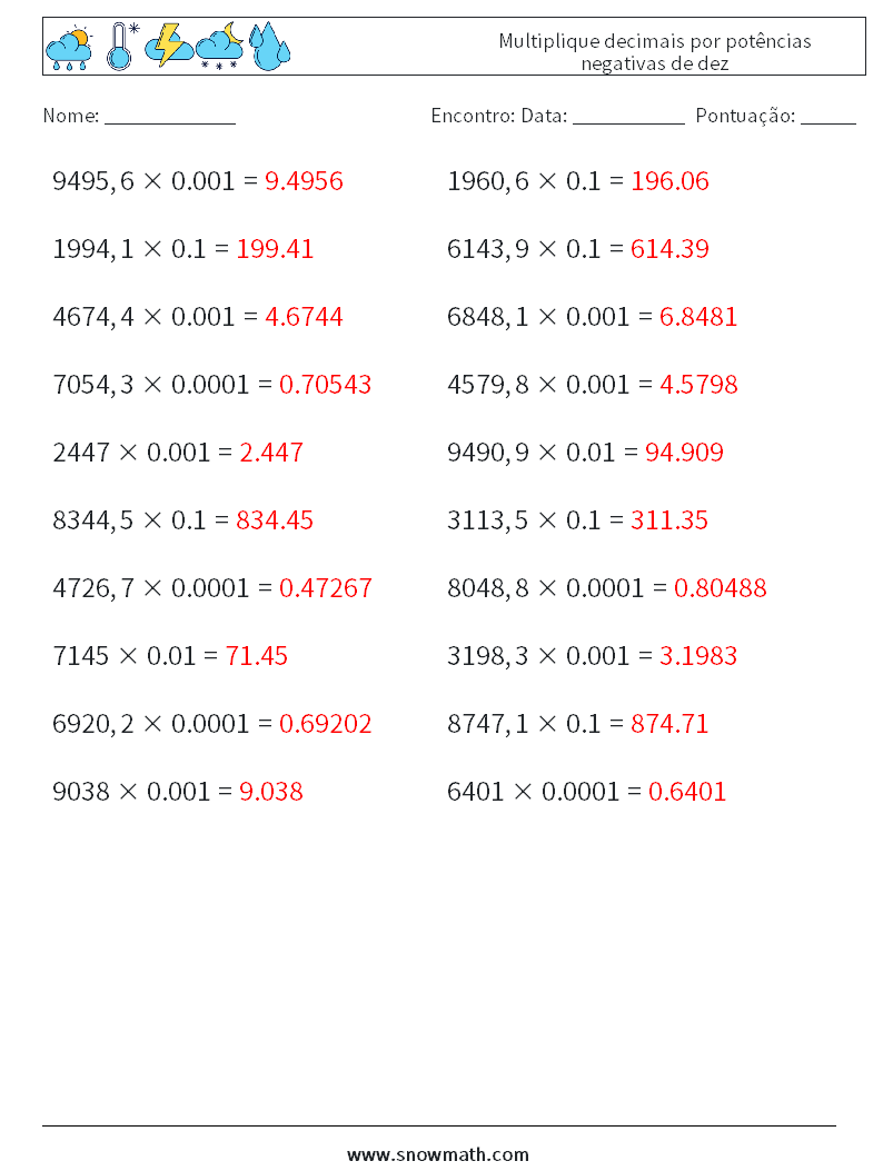 Multiplique decimais por potências negativas de dez planilhas matemáticas 17 Pergunta, Resposta
