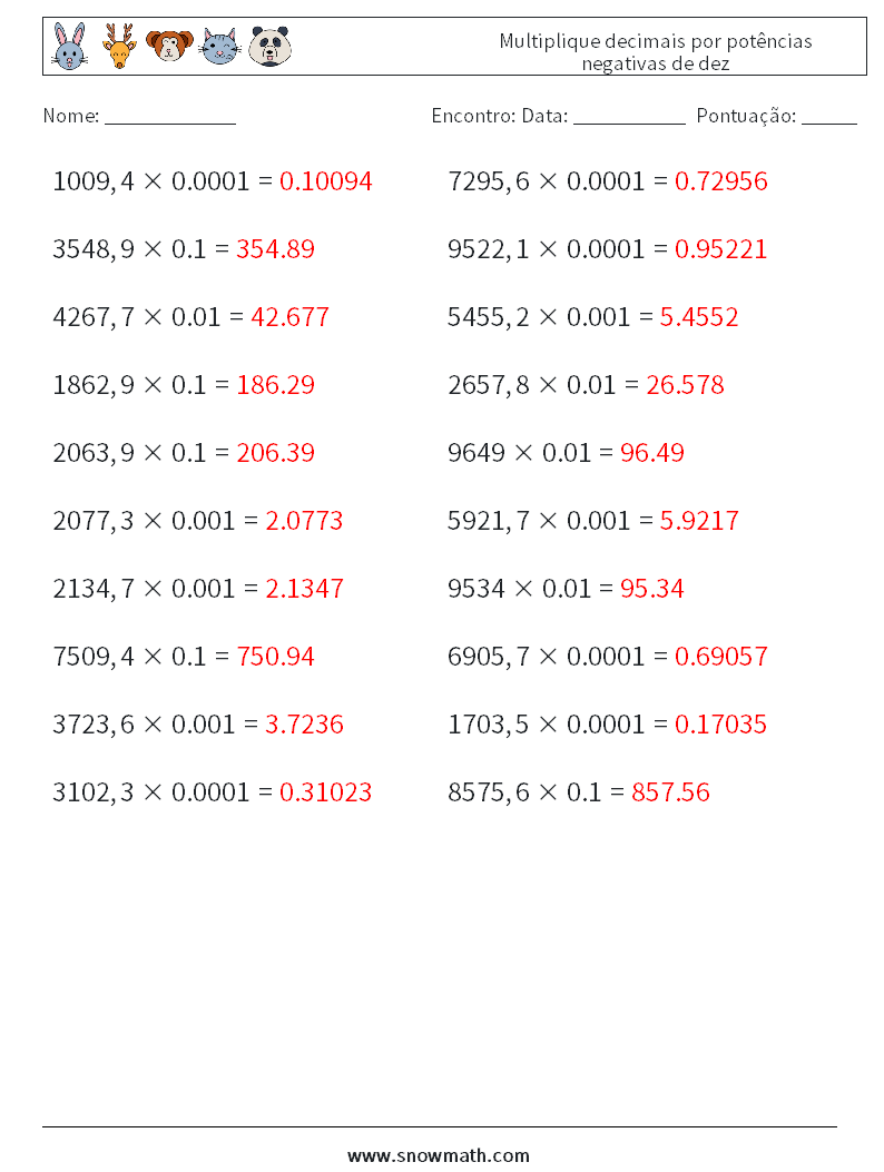 Multiplique decimais por potências negativas de dez planilhas matemáticas 2 Pergunta, Resposta