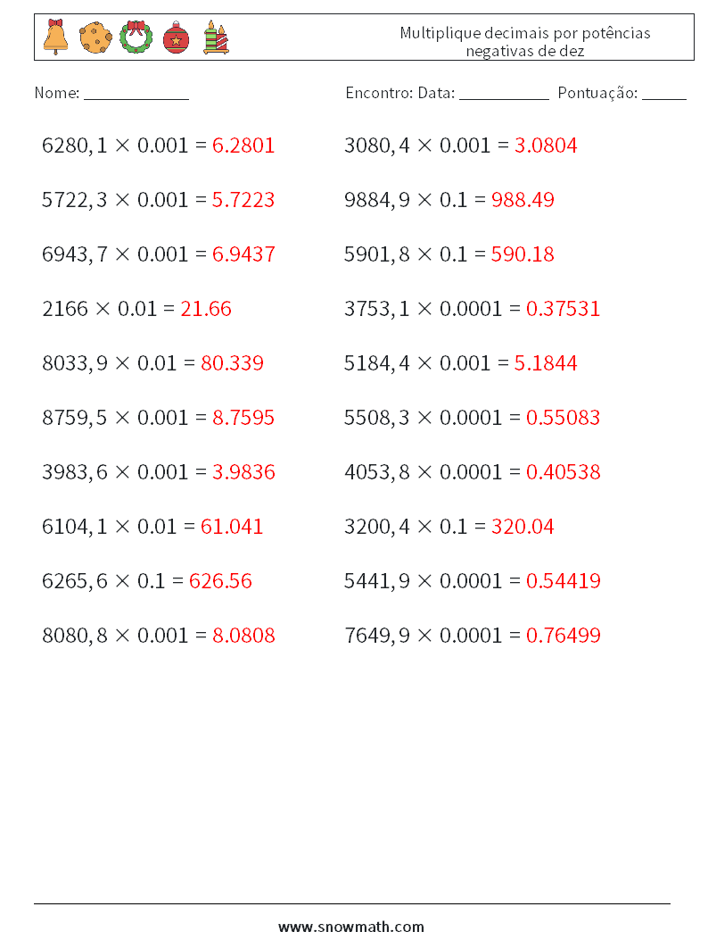 Multiplique decimais por potências negativas de dez planilhas matemáticas 3 Pergunta, Resposta