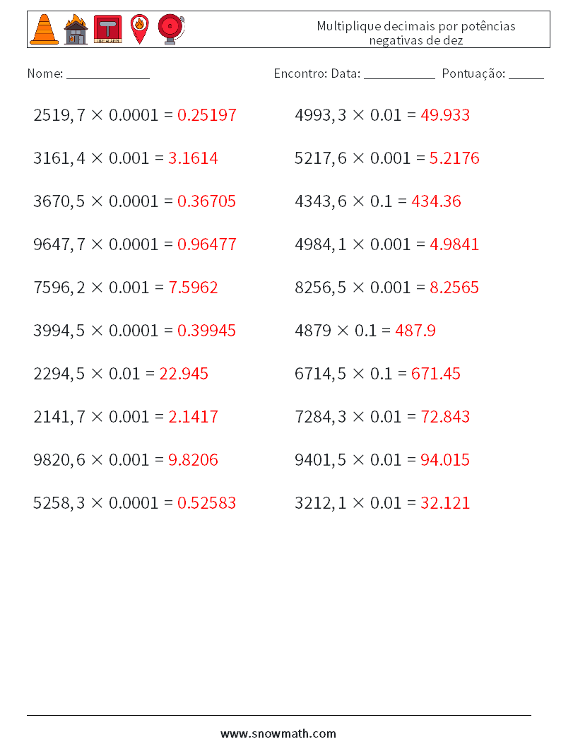 Multiplique decimais por potências negativas de dez planilhas matemáticas 4 Pergunta, Resposta