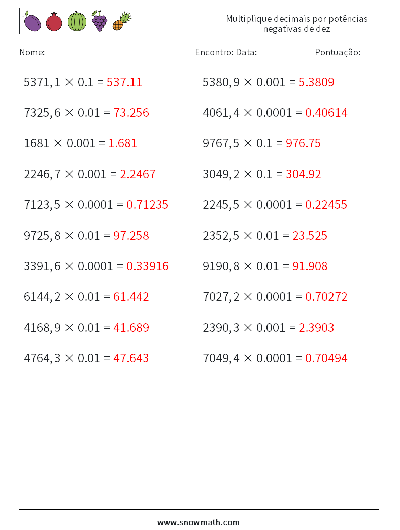 Multiplique decimais por potências negativas de dez planilhas matemáticas 6 Pergunta, Resposta