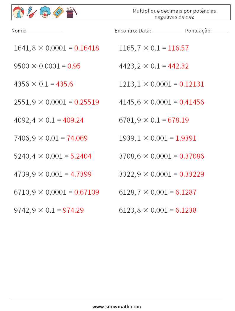 Multiplique decimais por potências negativas de dez planilhas matemáticas 7 Pergunta, Resposta