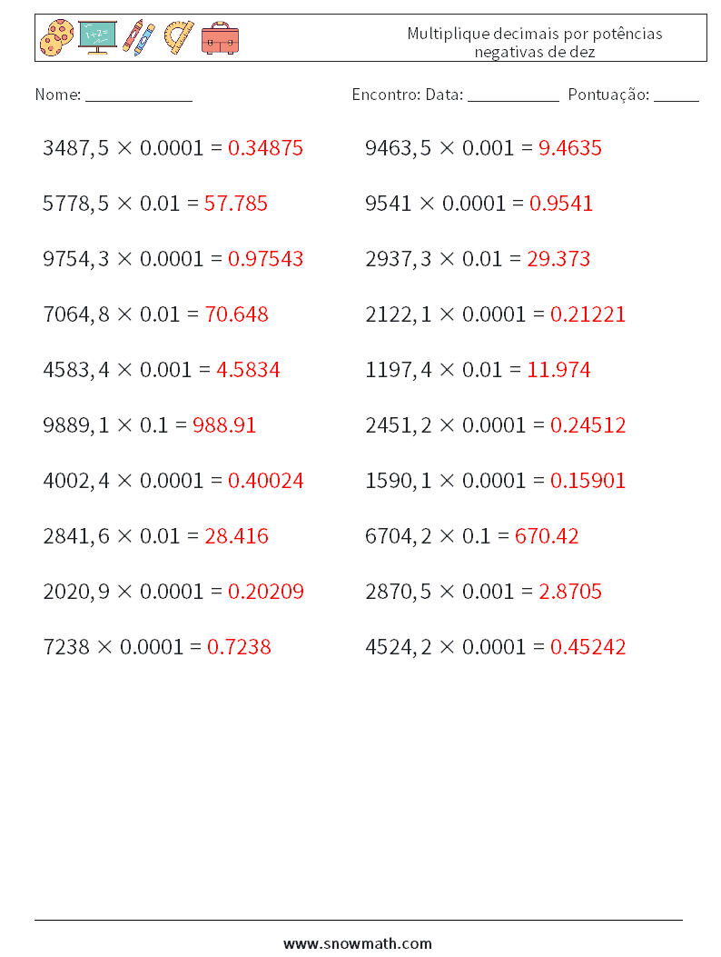 Multiplique decimais por potências negativas de dez planilhas matemáticas 9 Pergunta, Resposta
