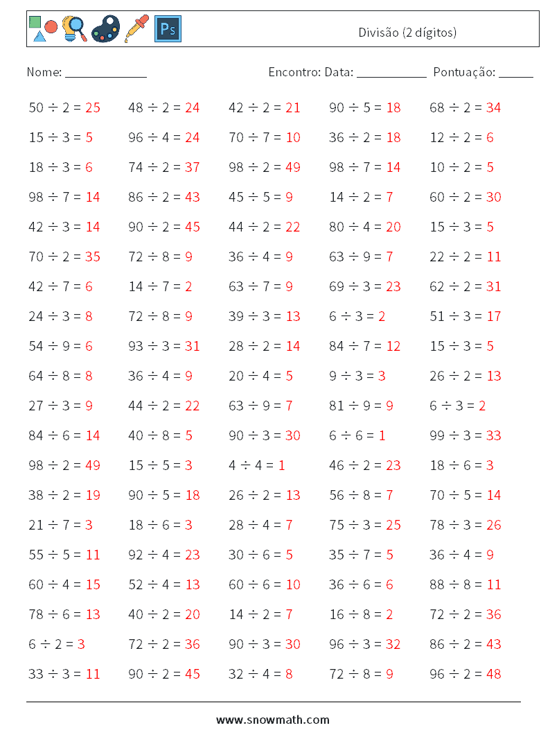 (100) Divisão (2 dígitos) planilhas matemáticas 1 Pergunta, Resposta