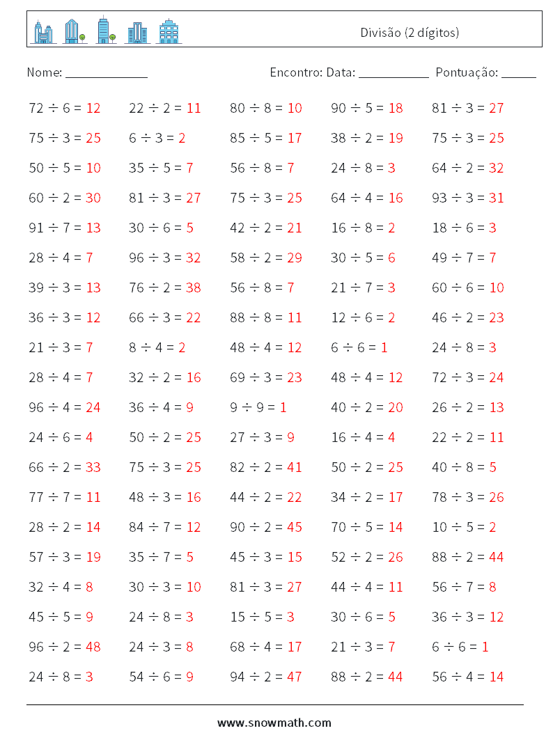 (100) Divisão (2 dígitos) planilhas matemáticas 2 Pergunta, Resposta