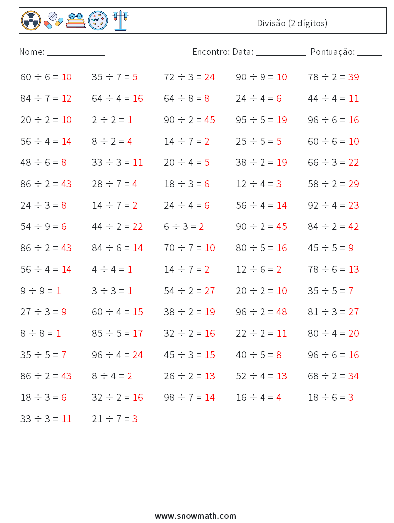 (100) Divisão (2 dígitos) planilhas matemáticas 4 Pergunta, Resposta