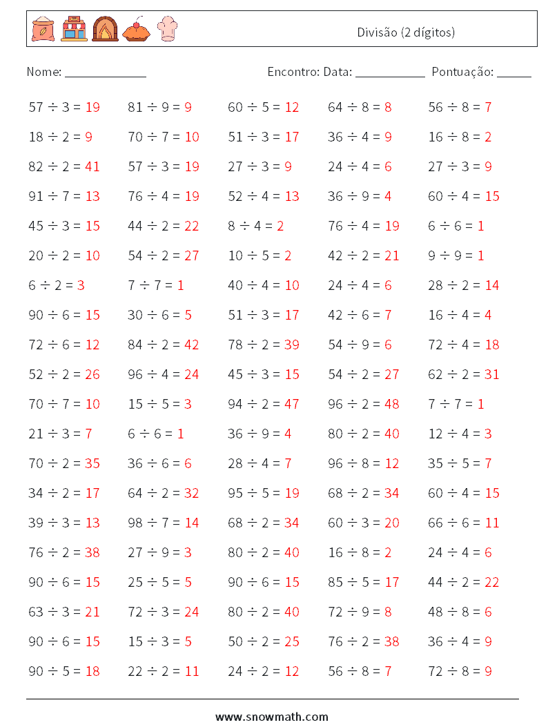 (100) Divisão (2 dígitos) planilhas matemáticas 5 Pergunta, Resposta