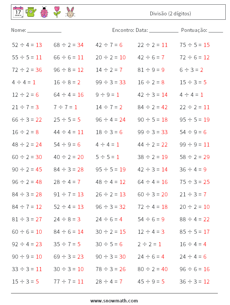 (100) Divisão (2 dígitos) planilhas matemáticas 6 Pergunta, Resposta