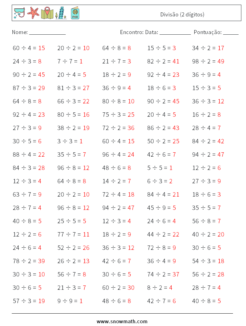 (100) Divisão (2 dígitos) planilhas matemáticas 7 Pergunta, Resposta