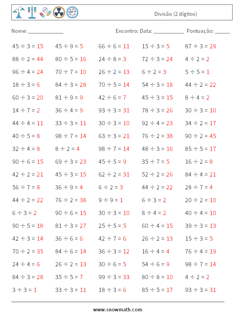 (100) Divisão (2 dígitos) planilhas matemáticas 8 Pergunta, Resposta