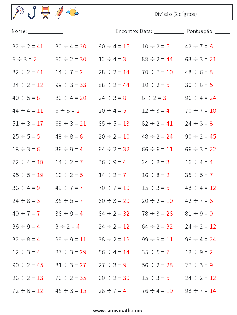 (100) Divisão (2 dígitos) planilhas matemáticas 9 Pergunta, Resposta