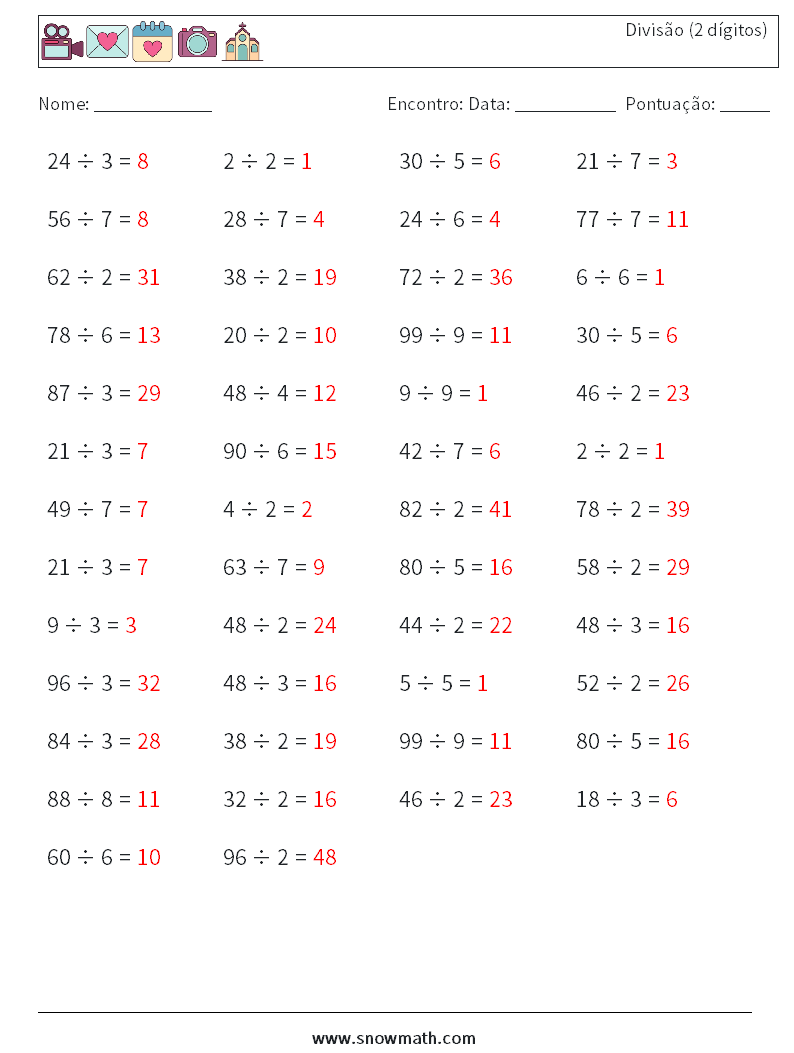 (50) Divisão (2 dígitos) planilhas matemáticas 1 Pergunta, Resposta