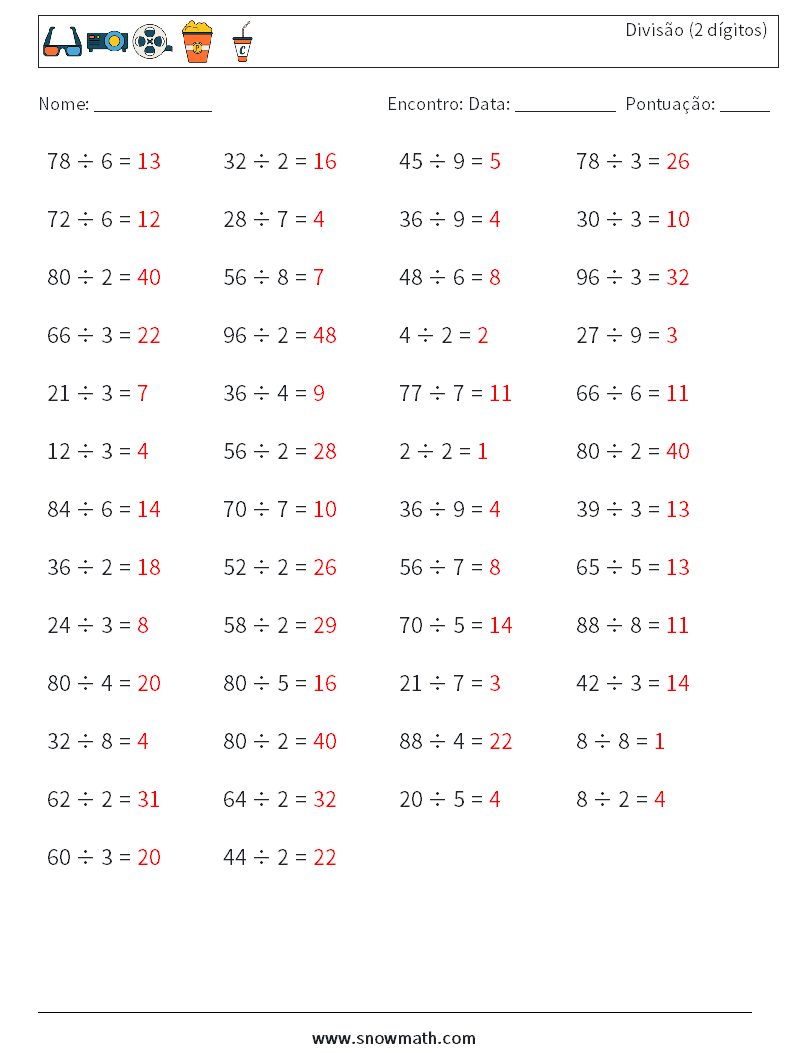 (50) Divisão (2 dígitos) planilhas matemáticas 5 Pergunta, Resposta