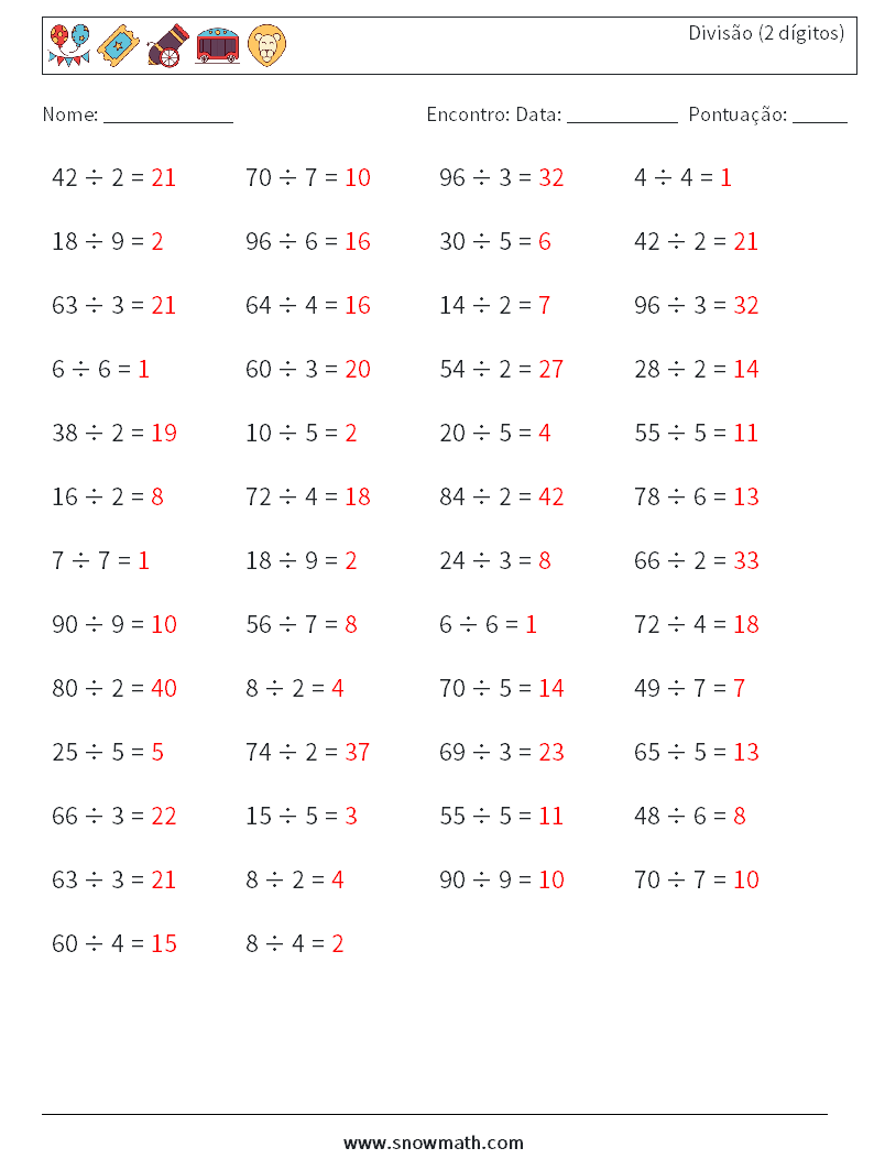 (50) Divisão (2 dígitos) planilhas matemáticas 6 Pergunta, Resposta