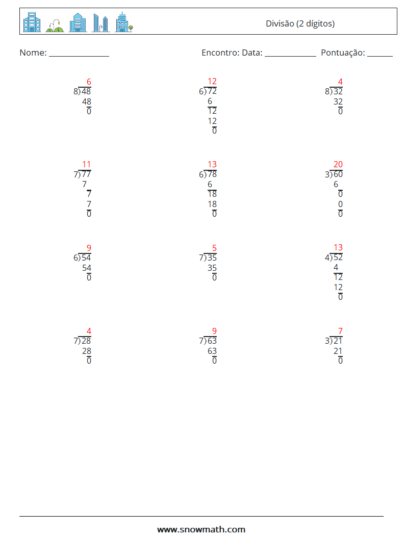 (12) Divisão (2 dígitos) planilhas matemáticas 13 Pergunta, Resposta